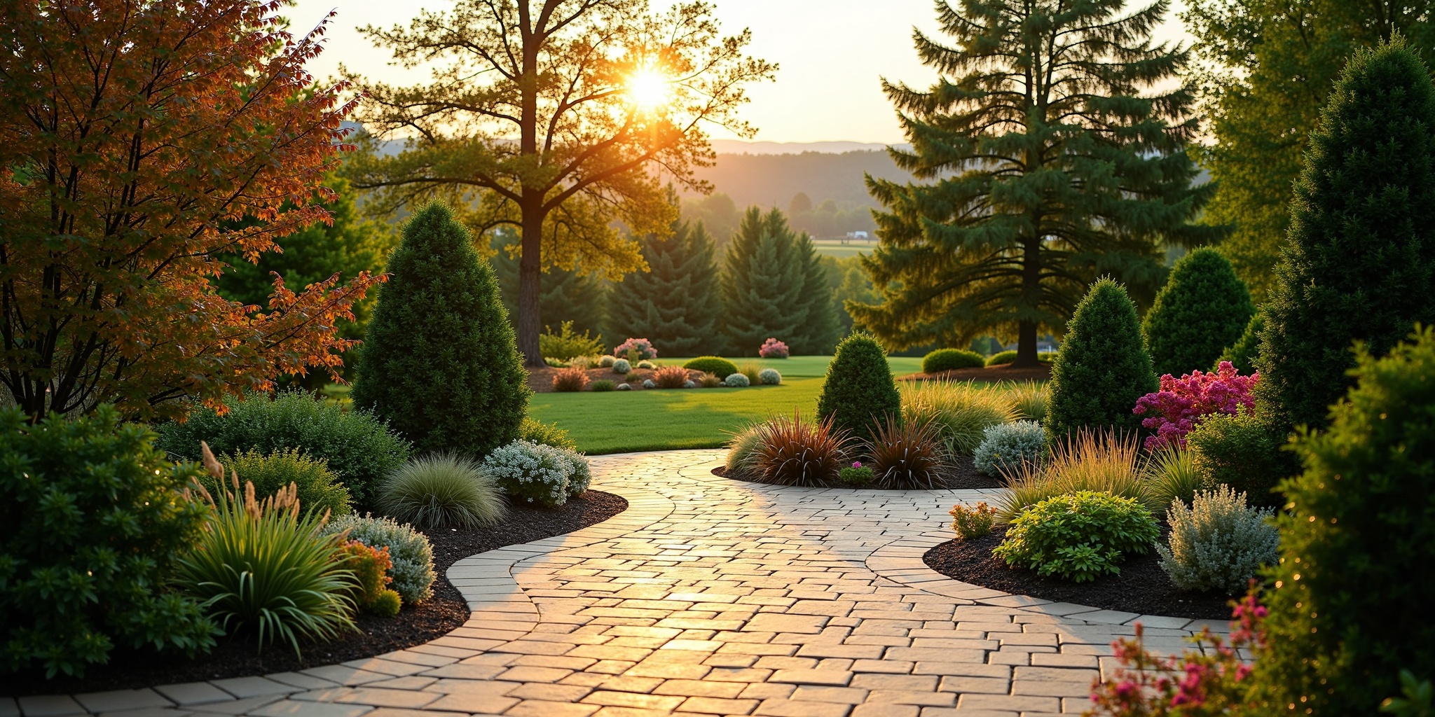 Mature Blue Ridge garden with natural stone walkway and curated planting beds at golden hour